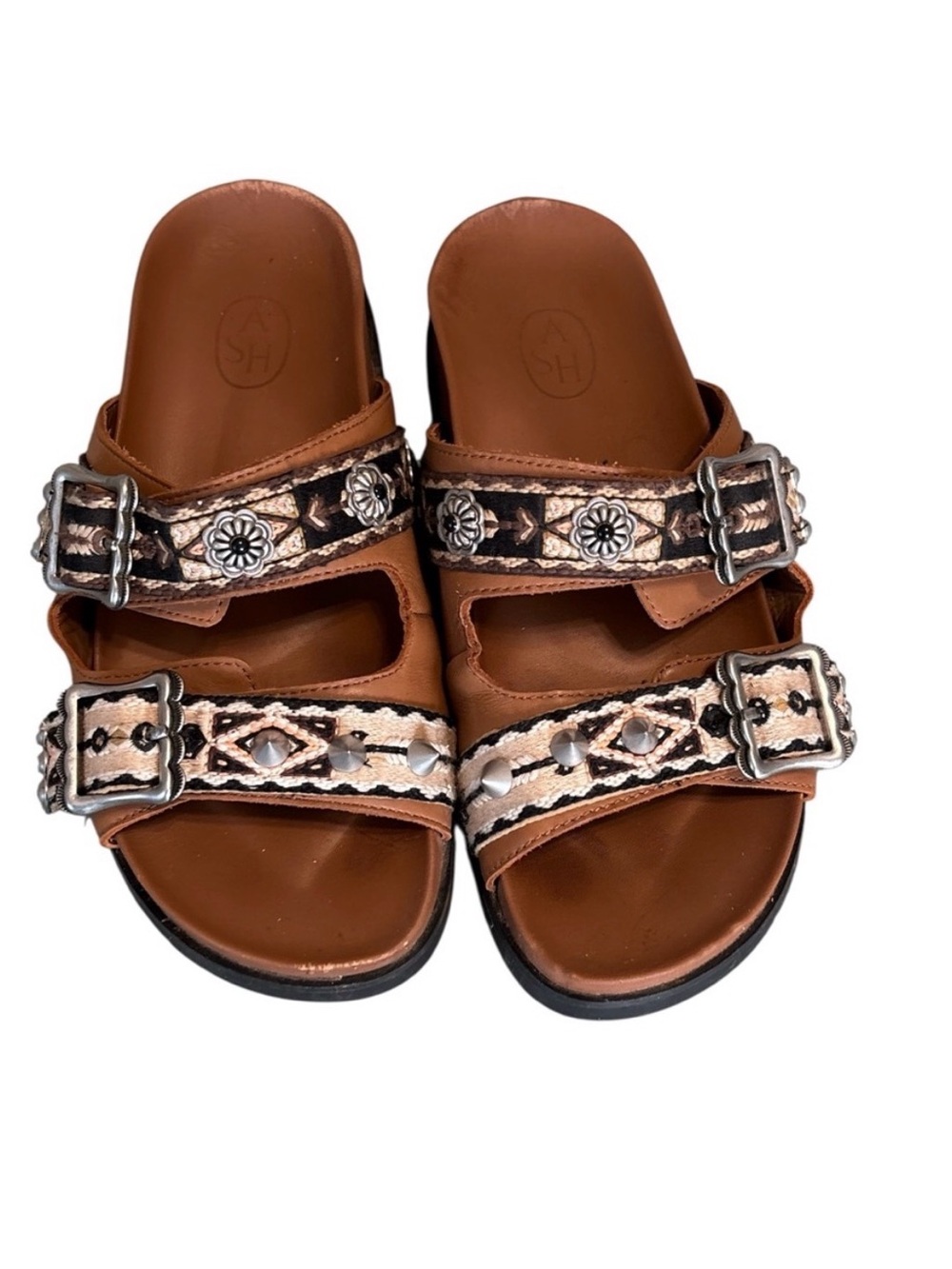 Ash Ulysse Western Embellished Buckle Slide Sandals in Tan & Black - Picture 2 of 8